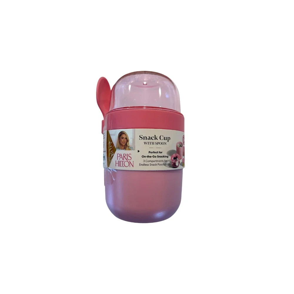 Paris Hilton Pink Snack Cup w/ Spoon On-The-Go‎ 9.4oz 3 Compartments New